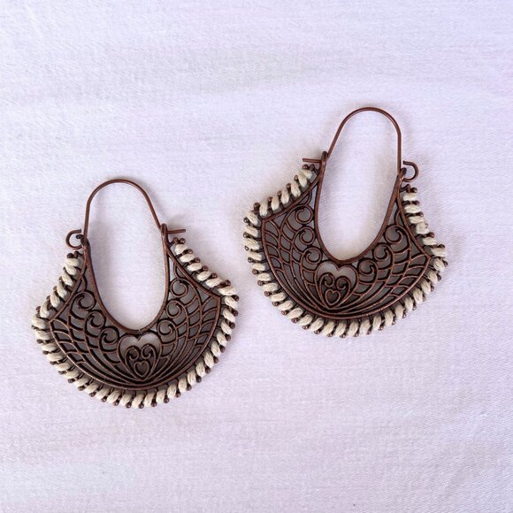 Boho Copper Filigree Hoop Earrings with Cream Accents Handmade 2 Inch Drop Light - Picture 3 of 6